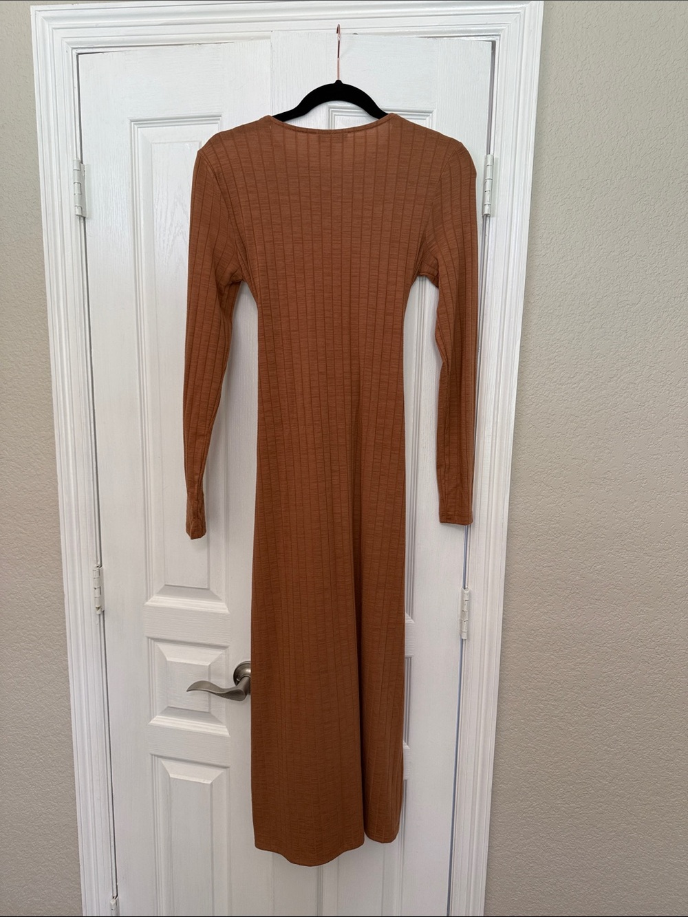 Topshop Ribbed Long-Sleeve Tie-Waist Dress — Camel - Picture 2 of 2